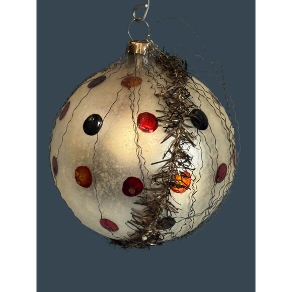 Vintage Germany Wire Wrapped Frosted White Glass Confetti Dot Ornament 2 1/2" - Picture 6 of 9